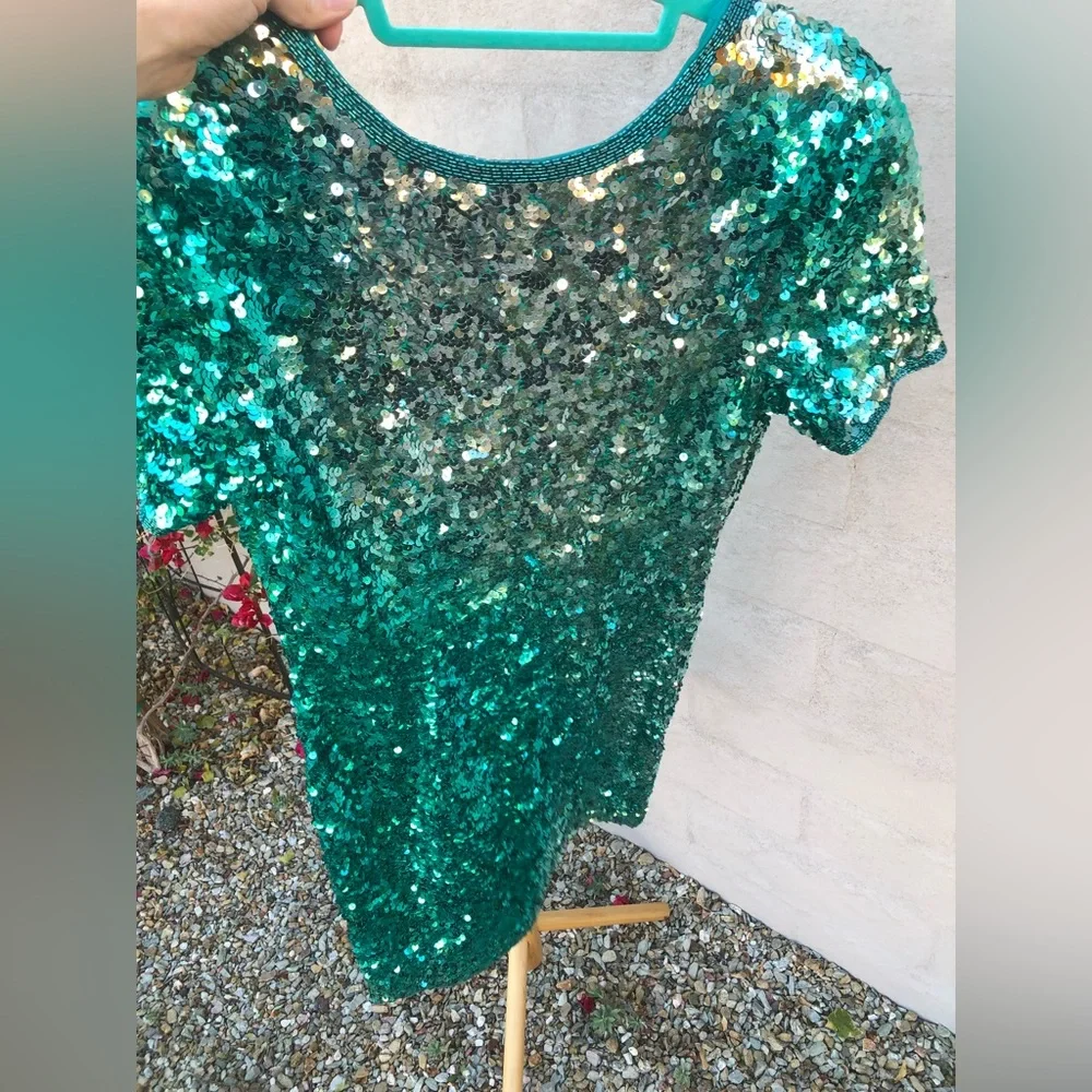 Vintage mini teal silver ombré beaded and sequin mini dress - Picture 5 of 14